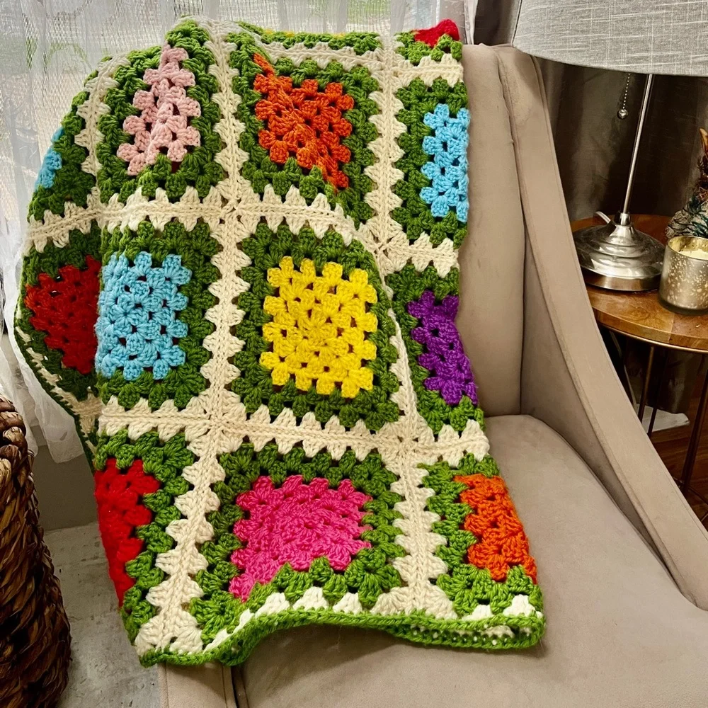 Handmade Crochet Green Multicolor Granny Square Afghan Throw Blanket